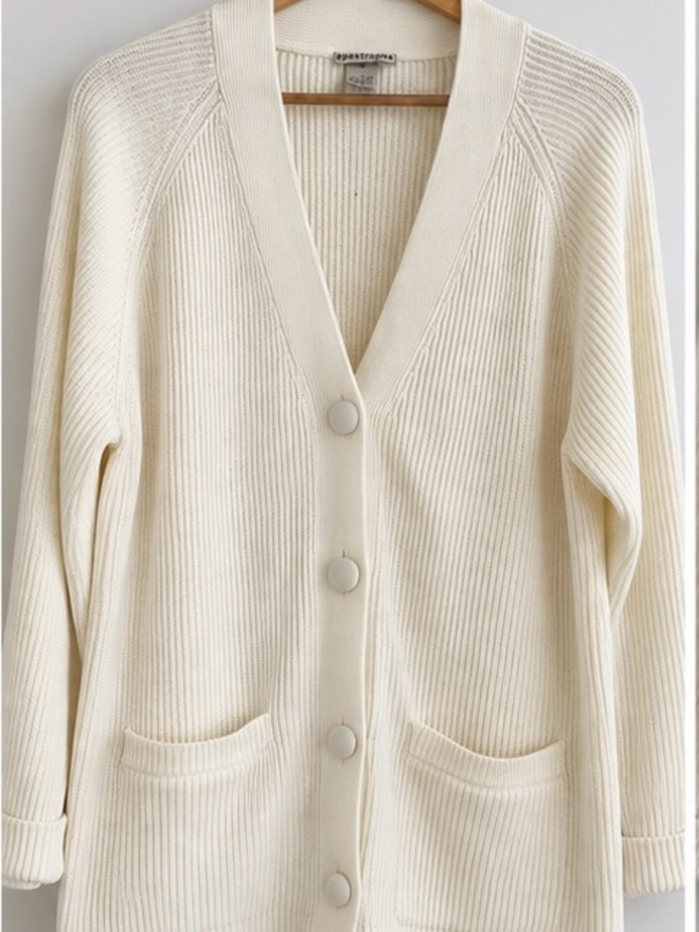 Apostrophe Cream Vertical Ribbed Knit V-Neck Cardigan Sweater